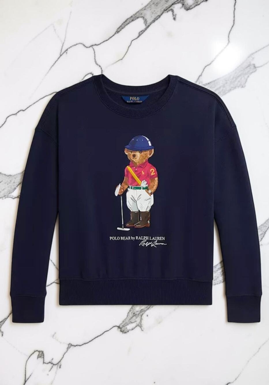 Polo Ralph Lauren Girls 8-10 Medium Navy Polo Bear Graphic Crewneck Sweatshirt